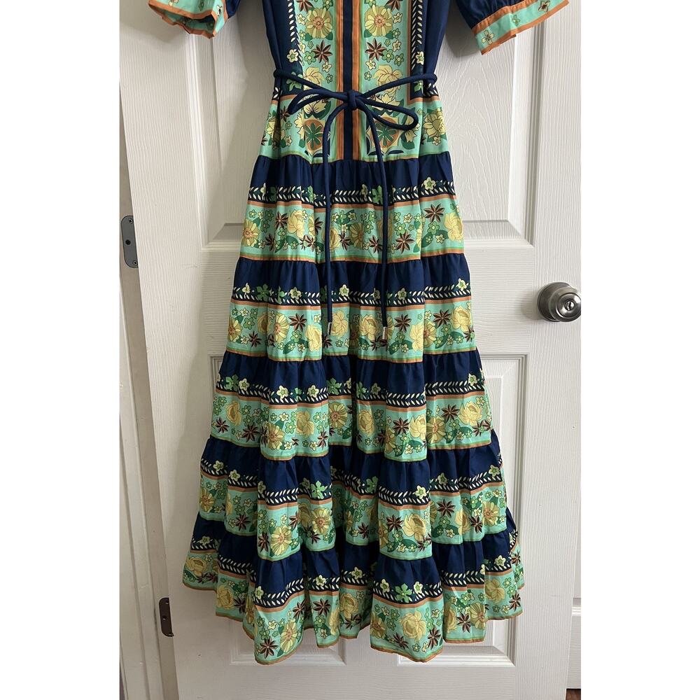 LUXXEL Navy Floral Puff Sleeve Button Front Tiered Maxi Dress Sz M NWT - Picture 6 of 16